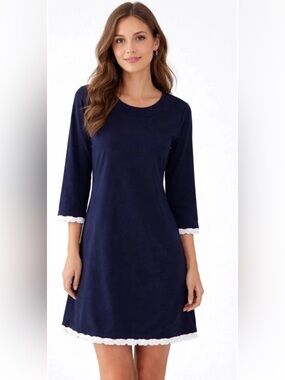 Spartina 449 Dress Small Navy Blue White Fringe trim Nautical Boho With Pocket S